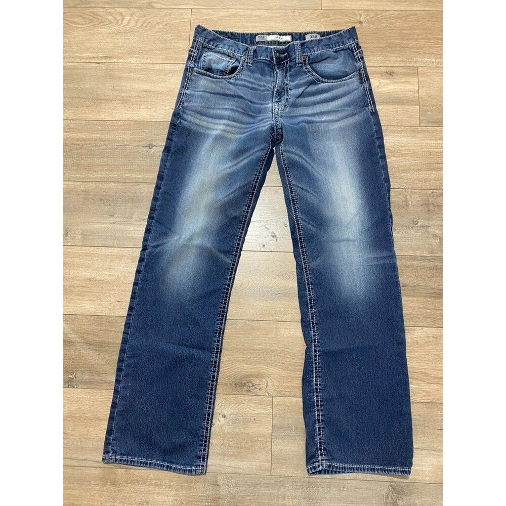 BKE Buckle Jake Mens 33X32 Thick Stitch Blue Denim Jeans Whiskers Stretch 33R